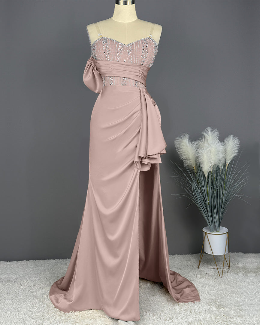 Elegant Spaghetti Straps Split Mermaid Prom Dress Long Pleated Sleeveless Evening Gown with Beading Sequins