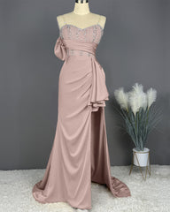 Elegant Spaghetti Straps Split Mermaid Prom Dress Long Pleated Sleeveless Evening Gown with Beading Sequins