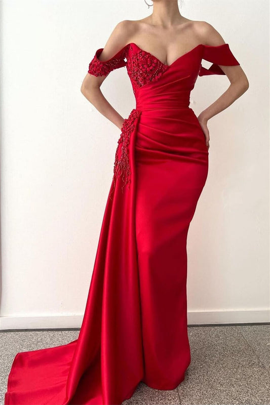 Red Mermaid Beadings V-Neck Off-the-Shoulder Prom Dress Long with Ruffles