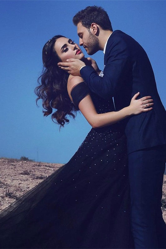 Classic Dark Navy Off-the-Shoulder Prom Dress Tulle Long With Beads