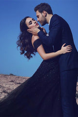 Classic Dark Navy Off-the-Shoulder Prom Dress Tulle Long With Beads