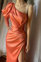 New Arrival Coral Long Sleeve Mermaid Prom Dress Pleats Beaded With Split