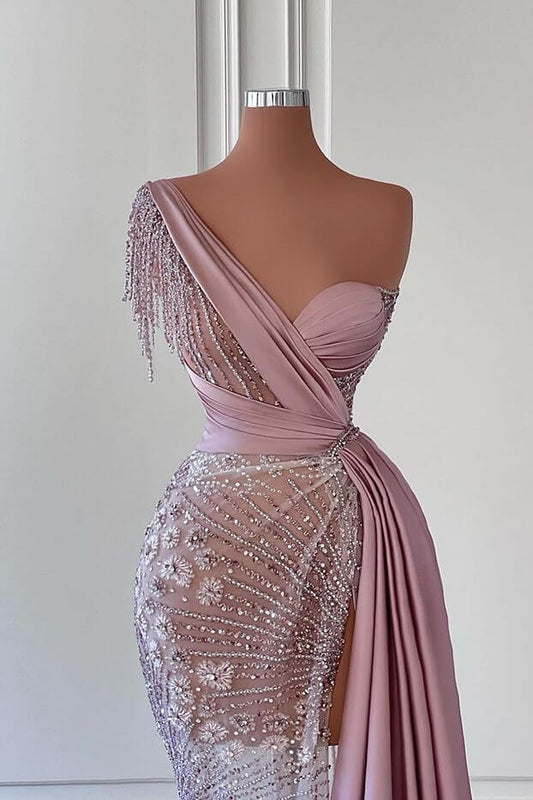 Glorious One Shoulder Beadings Mermaid Prom Dress Long Split With Tassels