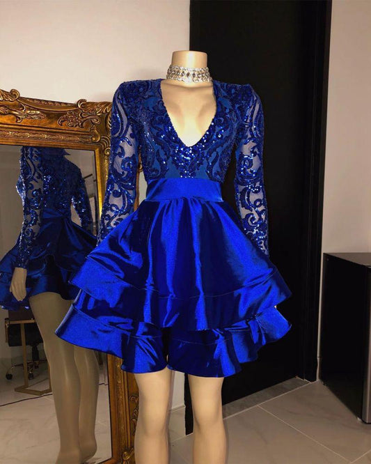 Long Sleevess Royal Blue Sequins Prom Dress Short Party Gowns
