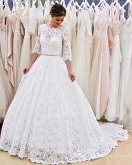 Long A-line Vintage Wedding Dress With Lace Sleeves and Backless Design