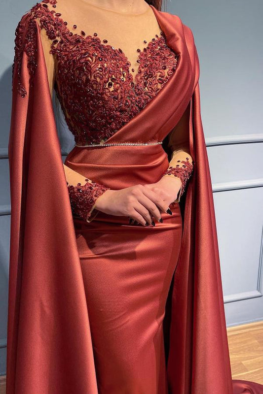 Modern Rust Long Sleeves Prom Dresseses Mermaid With Lace Appliques Ruffles