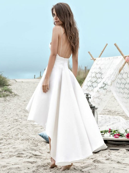 A-Line Wedding Dress with Elegant V-neck, Hi-Lo Hem, and Spaghetti Straps, Featuring Pockets