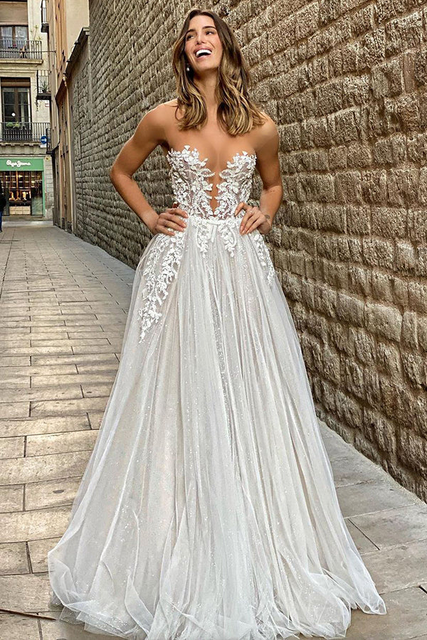 Elegant A-line Sheer Wedding Gown with Tulle Appliques, Floor Length