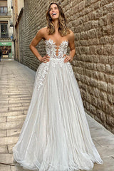Elegant A-line Sheer Wedding Gown with Tulle Appliques, Floor Length