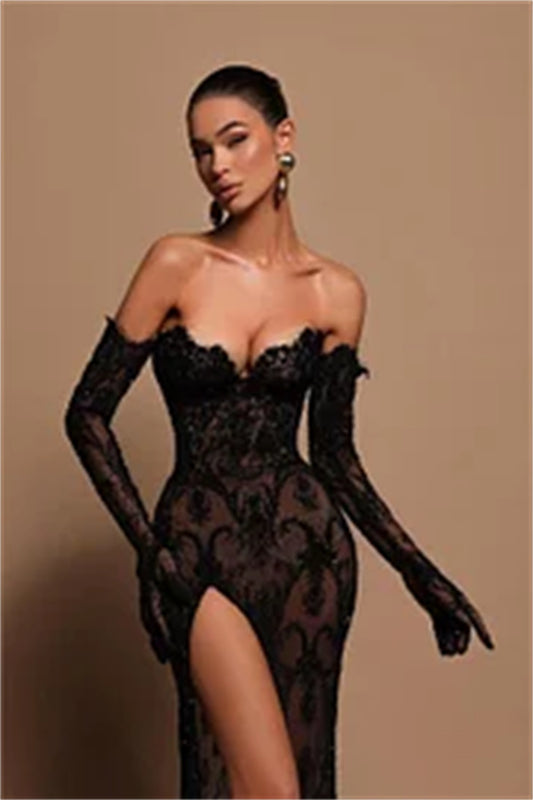 Gorgeous Black Long Sleeve Strapless Sliming Mermaid Evening Dress