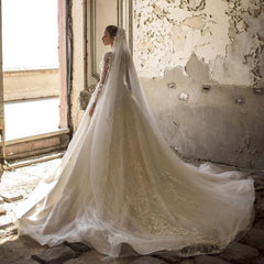 Elegant Deep V-neck A-Line Wedding Gown with Long Sleeves and Tulle Lace Ruffles