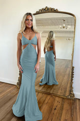 Red Simple Prom Dress Long Spaghetti Straps Mermaid V Neck Backless