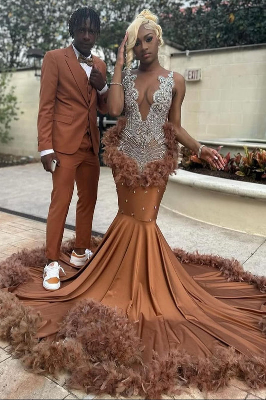 Modern Brown Sleeveless Mermaid Prom Dress Long With Beadings Feathers
