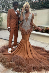 Modern Brown Sleeveless Mermaid Prom Dress Long With Beadings Feathers