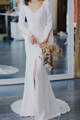 Elegant V-Neck Long Sleeve Wedding Gown with Slit