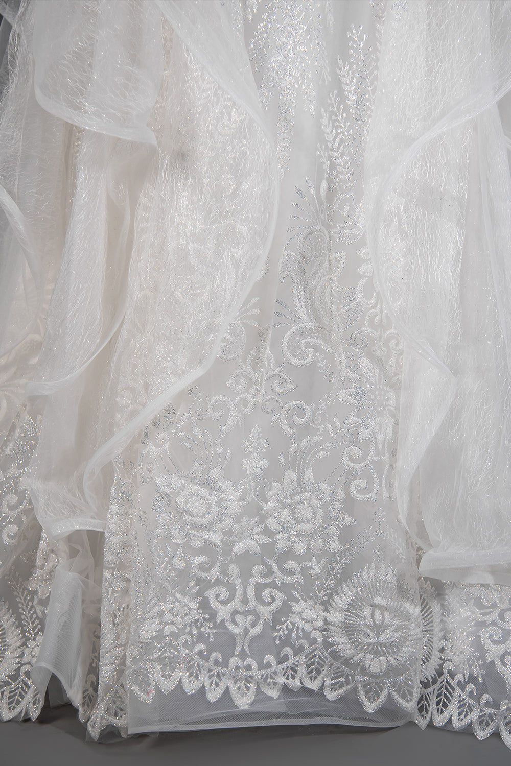 Wedding Ball Gown with Vintage Sequins, Tulle Appliques, and Ruffles