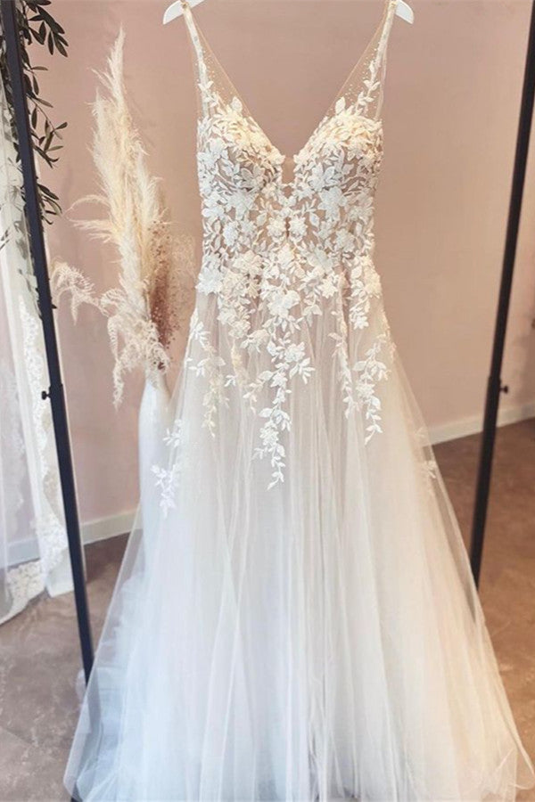 Elegant V-neck A-line Bridal Gown with Open Back and Tulle Lace Appliques