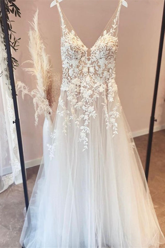 Elegant V-neck A-line Bridal Gown with Open Back and Tulle Lace Appliques