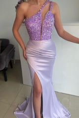 New Arrival Lilac One Shoulder Sleeveless Mermaid Prom Dress Sequins With Split