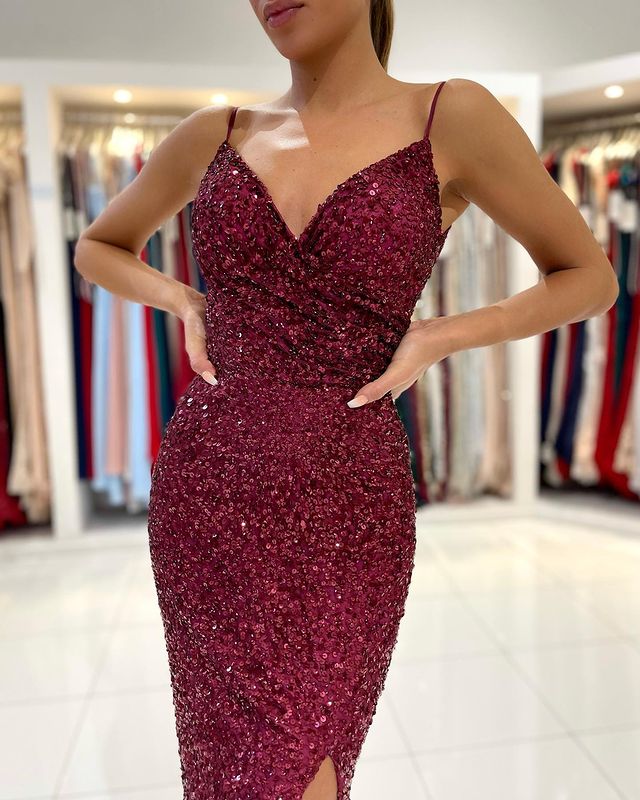 Stunning Spaghetti-Straps Sequins Prom Dress Mermaid Slit Party Gowns