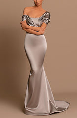 Grey Evening Dress Off-the-Shoulder Bateau Pleated Gown