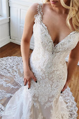Elegant Mermaid Wedding Gowns with Crystal Lace Straps and Appliques