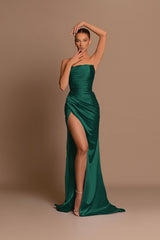 Light Blue Evening Dress Off-the-Shoulder Pleated Slit Ball Gown