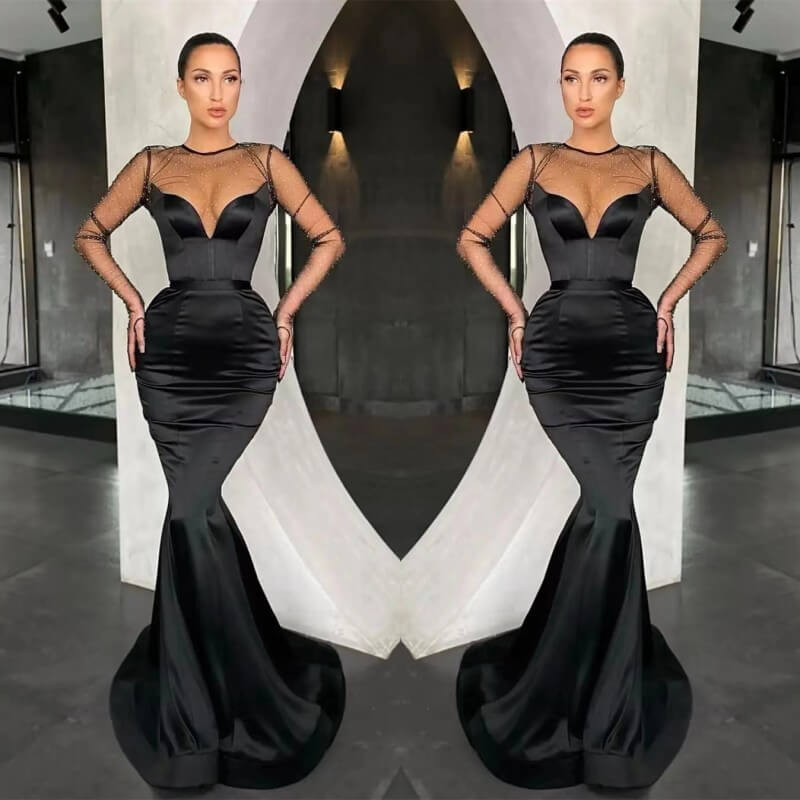 Glorious Black Long Sleeves Prom Dress Mermaid Illussion On Sale