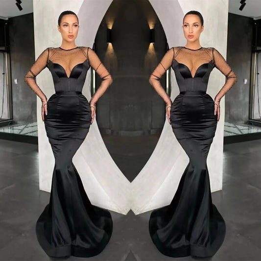 Glorious Black Long Sleeves Prom Dress Mermaid Illussion On Sale
