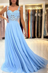 Charming Sky Blue Sleeveless Prom Dress Long Chiffon Slit With Lace Appliques