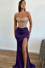  Dark Green Beaded Mermaid Prom Dress Strapless Slit Sequins Gown