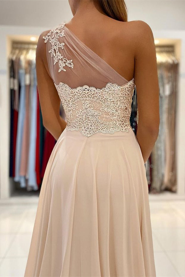 Modern One Shoulder Lace Appliques Prom Dress Chiffon With Slit