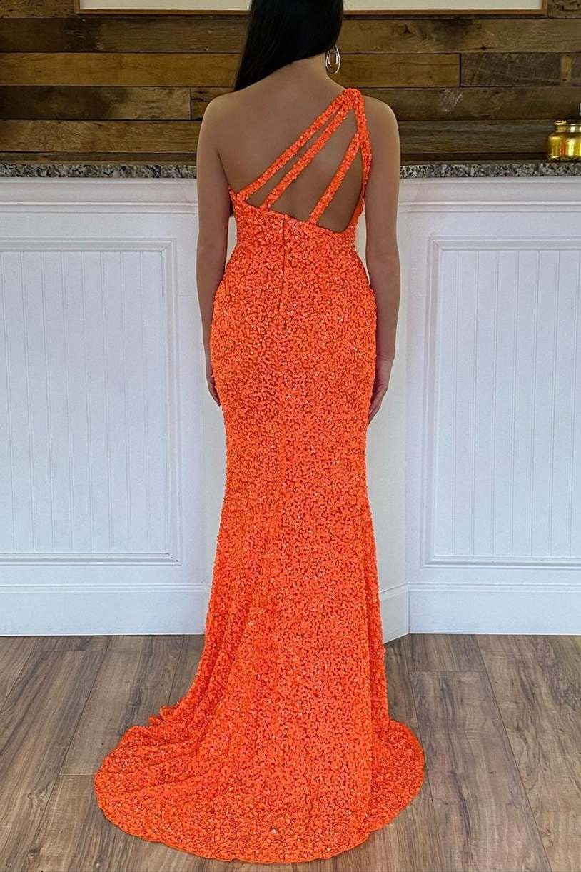 Charming One Shoulder Sleeveless Mermaid Prom Dress Sequins With Split Long