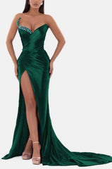 Royal Blue Prom Dress V Neck With High Slit Pleated Strapless Sleeveless