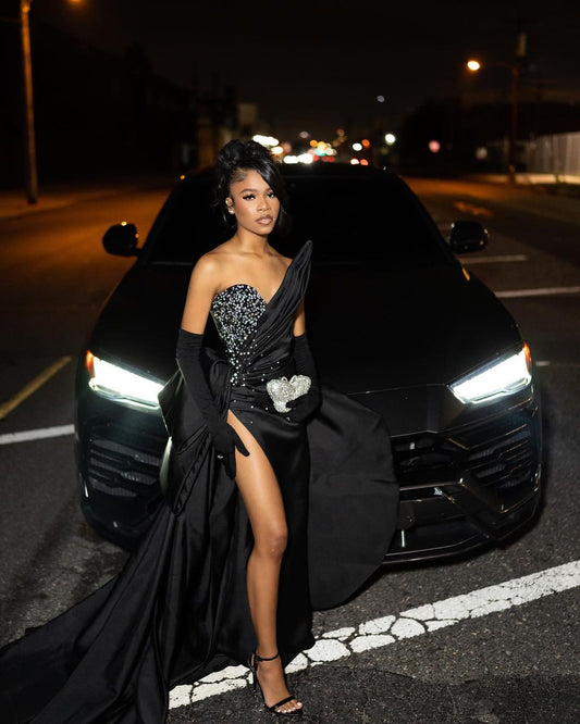 Black Sequin Strapless Prom Dress Long Slit Pleated