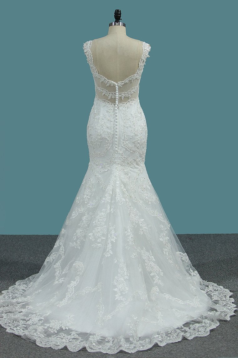 Elegant V-neck Mermaid Wedding Gown with Floor-length Lace Appliques and Wide Straps