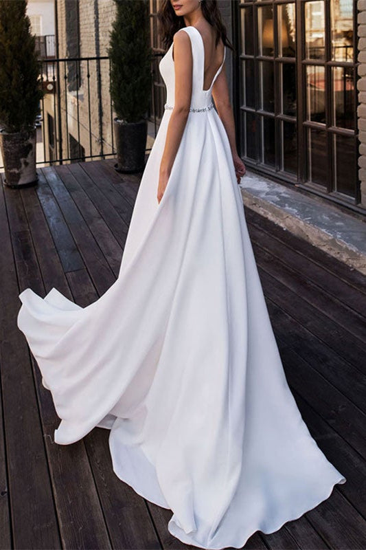 Backless V-Neck Long Wedding Dress