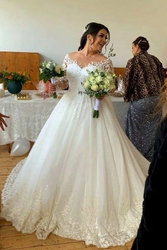 Princess Wedding Dress with Off-the-shoulder Long Sleeves and Appliques Lace