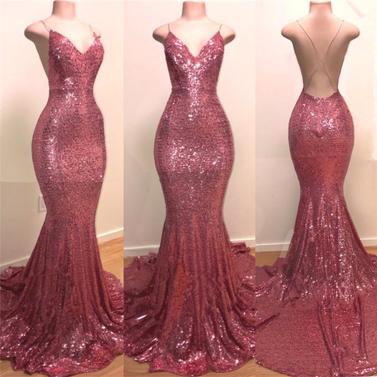 Spaghetti-Straps V-Neck Prom Dress Fit and Flare Stunning Sequins Evening Party Gowns