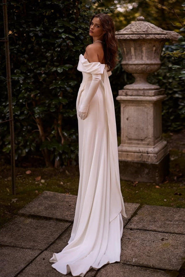 White Off-the-Shoulder Long Prom Dress Split with hand sleeve