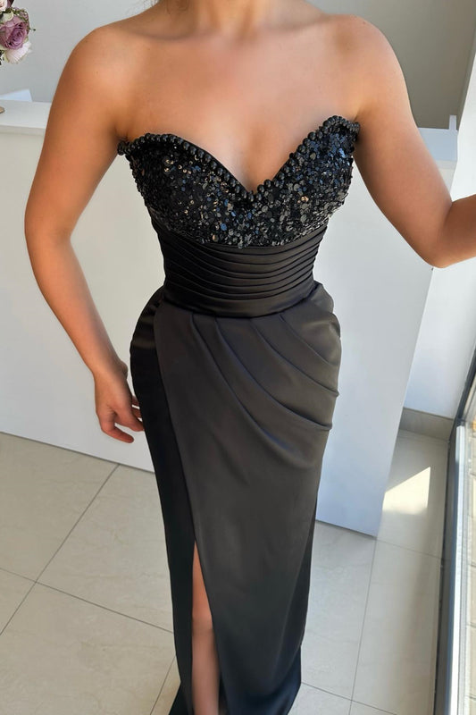Gorgeous Black Sweetheart Mermaid Prom Dress Pleats Pearls Sequins With Split