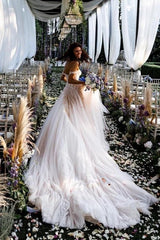 Elegant Off-The-Shoulder Long A-line Wedding Gown in Lace Tulle