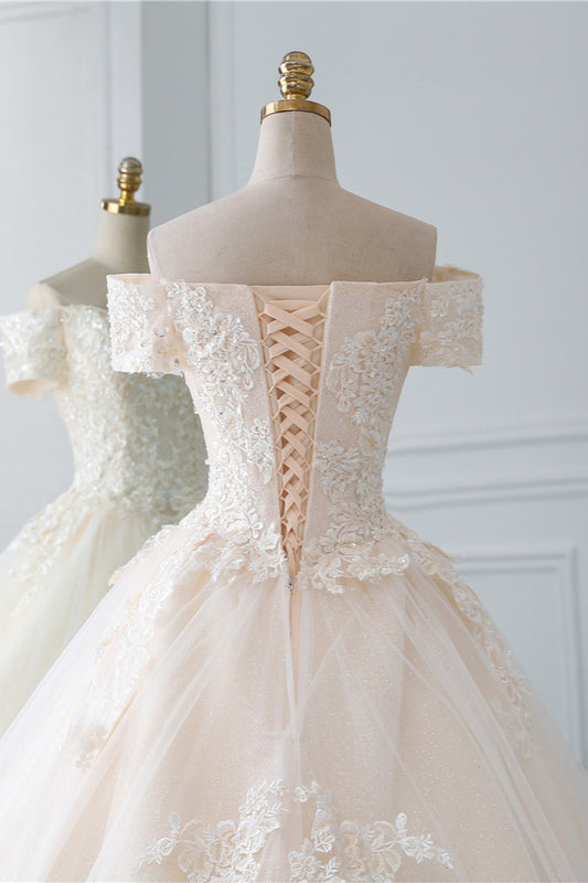 Elegant Off-the-Shoulder Princess Wedding Gown in Tulle with Lace Appliques