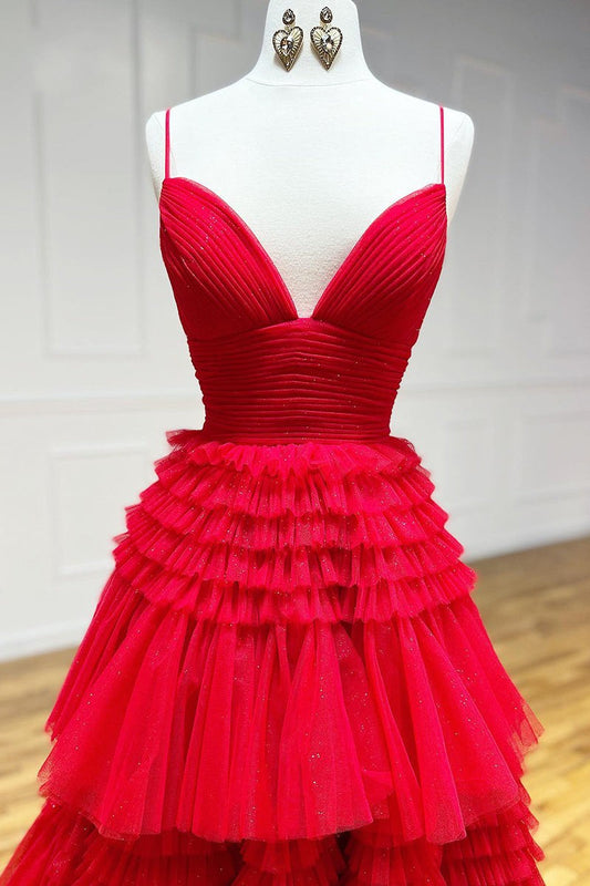 Chic Red Spaghetti-Straps Prom Dresses Sleeveless Tulle Layered
