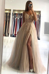 Stunning Spaghetti-Straps Beadings Long Prom Dress With Split On Sale