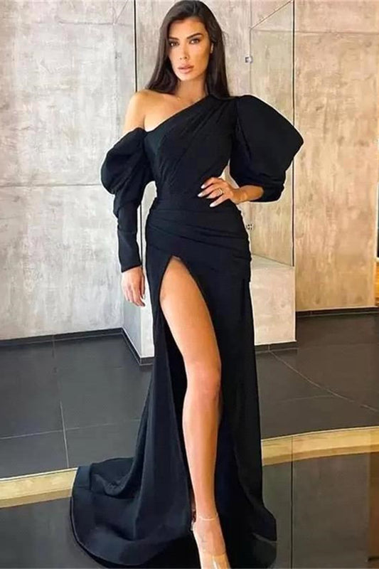 Gorgeous Black Long Sleeves Mermaid Prom Dress Split Ruched