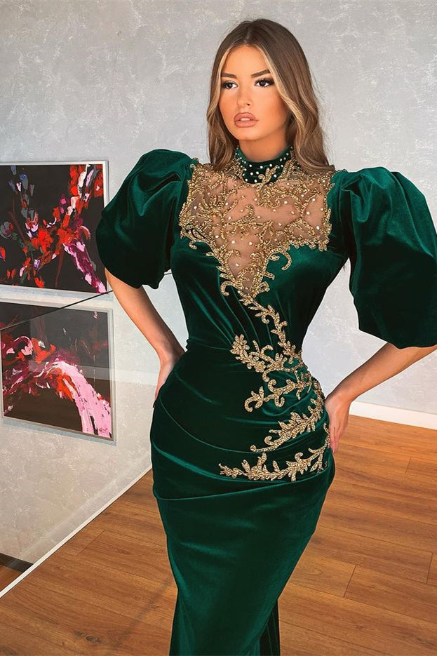 Modern Dark Grren Bubble Sleeves Mermaid Prom Dress With Appliques