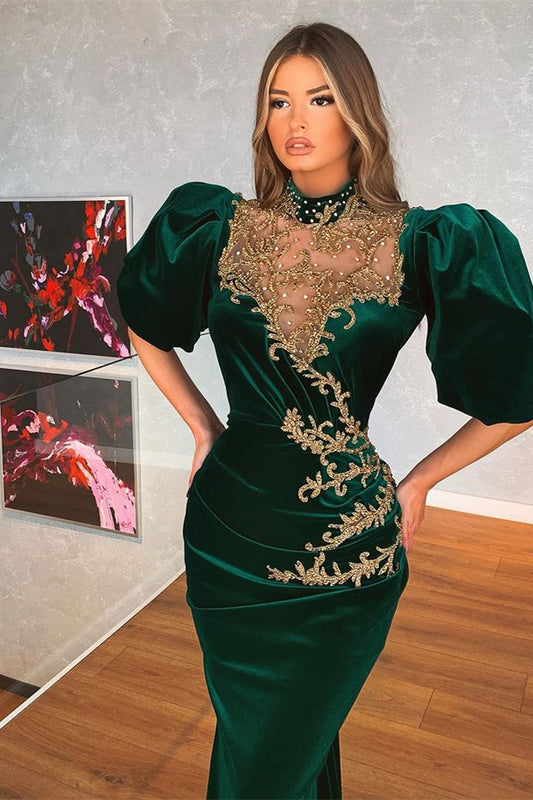 Modern Dark Grren Bubble Sleeves Mermaid Prom Dress With Appliques