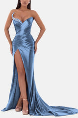 Royal Blue Prom Dress V Neck With High Slit Pleated Strapless Sleeveless