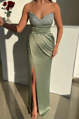 Modern Dusty Sage Sweetheart Prom Dresses Long Slit With Beads